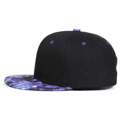 طباعة السماء النجمية عالية الجودة قبعة Snapback تصميم شعار مخصص قبعات بيل مسطحة 6 لوحات Snapback Cap
