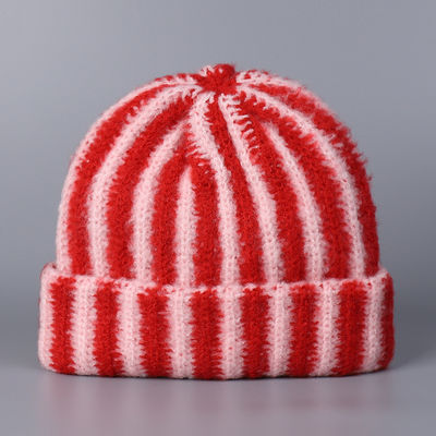 Wholesale High Quality Outdoor Female Wool Winter Warm Knit Beanie Custom Colorful Striped Pattern Beanie Cap for Women