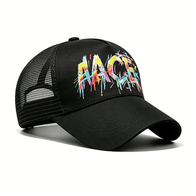 قبعة سائق الشاحنة Snapback قابلة للتعديل، نقل الحرارة الرقمي، نمط الكتابة على الجدران، اللوحة الأمامية، قبعة خلفية شبكية، مثالية للأنشطة الخارجية، العلامة التجارية للشركة