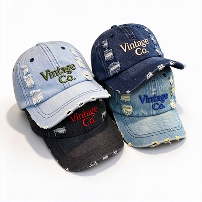 Distressed Vintage Denim Dad Hat Raised Embroidery Hand Wash Recommended Adjustable Strap For Different Head Sizes
