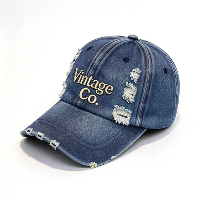 Distressed Vintage Denim Dad Hat Raised Embroidery Hand Wash Recommended Adjustable Strap For Different Head Sizes