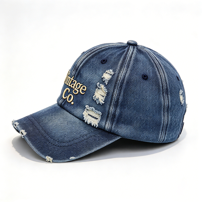 Distressed Vintage Denim Dad Hat Raised Embroidery Hand Wash Recommended Adjustable Strap For Different Head Sizes