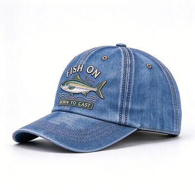 Washed Denim Fishing Dad Hat Raised Embroidery Breathable Lightweight Stylish Practical Headwear For Outdoor Anglers Casual Wear