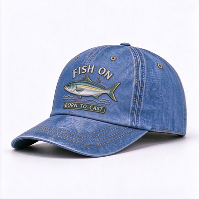 Washed Denim Fishing Dad Hat Raised Embroidery Breathable Lightweight Stylish Practical Headwear For Outdoor Anglers Casual Wear