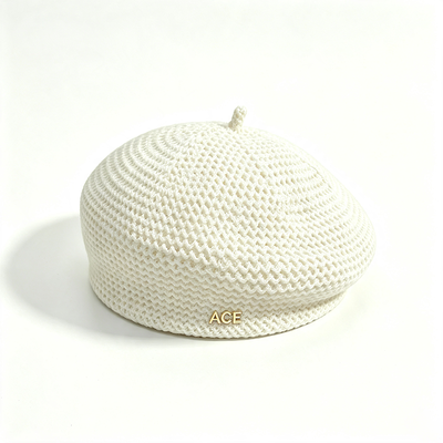 Classic Knitted Beret Hat Solid Color ACE Metal Logo Beret Stylish Durable Beret for Daily Casual Wear Support Customization